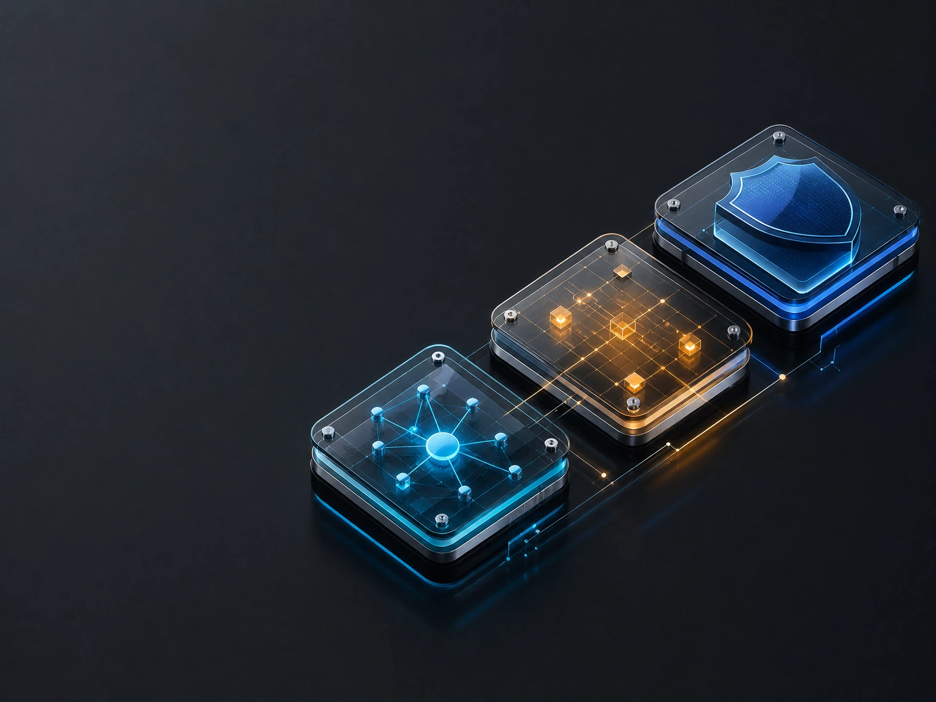 Módulos conectados representando tecnologia, processos e proteção de dados
